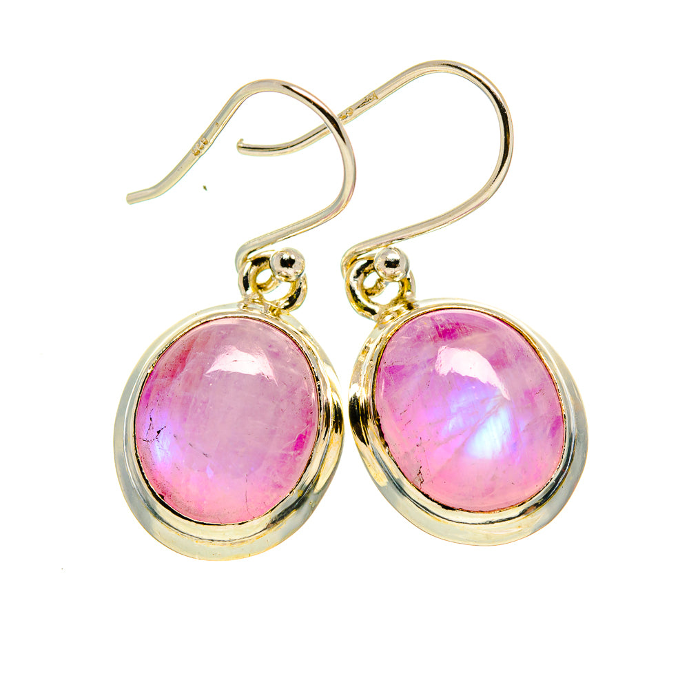 Sterling silver pink oval moonstone drop earrings with gold-tone bezel and fishhook backs