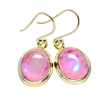 Sterling silver pink oval moonstone drop earrings with gold-tone bezel and fishhook backs