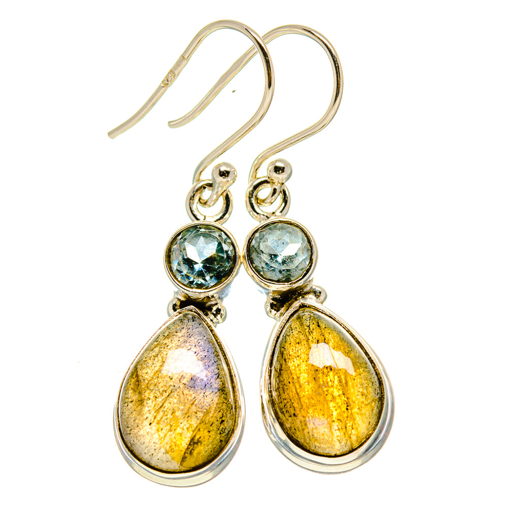 Sterling silver drop earrings with round blue-green stones and yellow teardrop labradorite