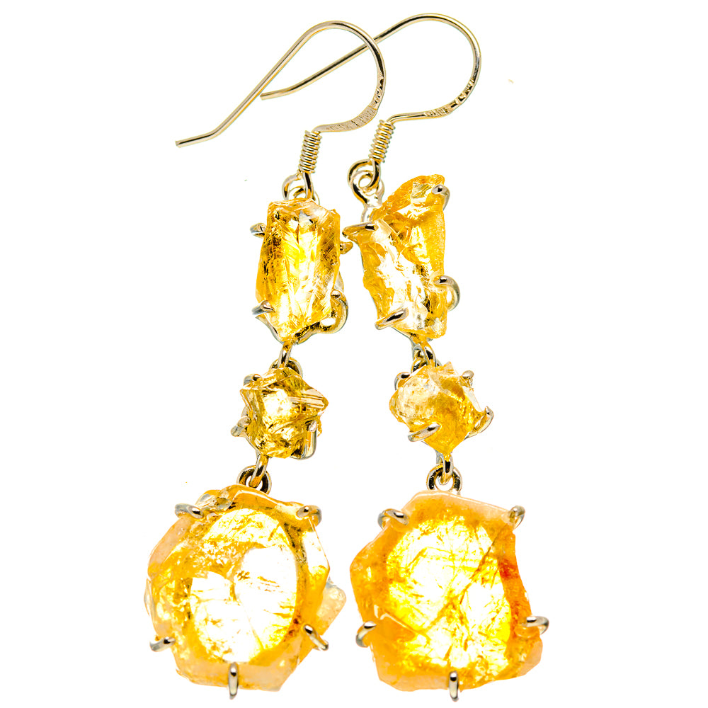 Rough citrine drop earrings with metal hooks, dangling rough amber stones