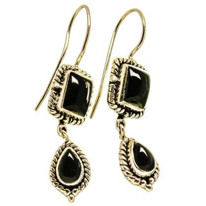 Gold-tone black onyx drop earrings: square top with teardrop dangle hooks