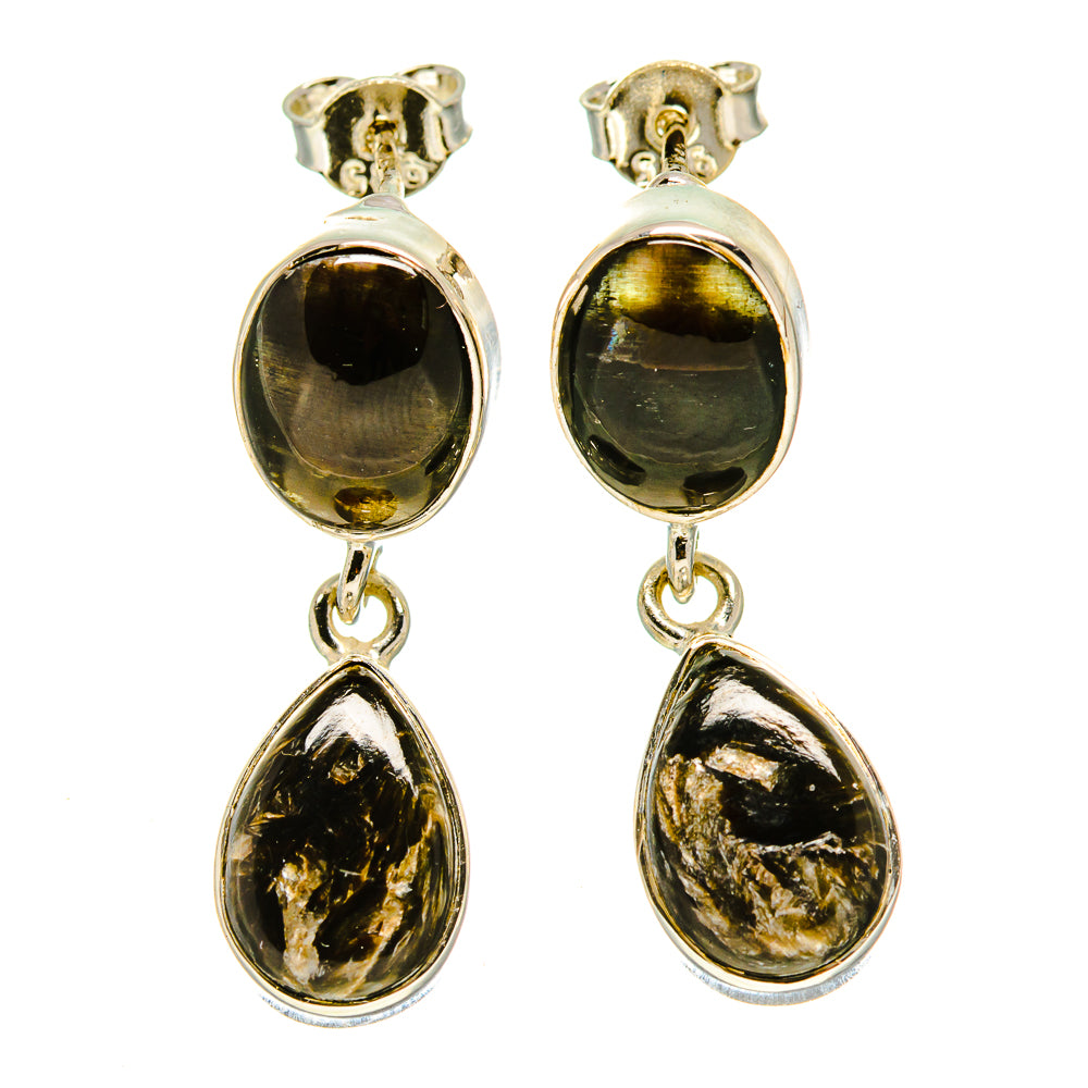 Gold seraphinite drop earrings in 925 sterling silver, oval cabochons