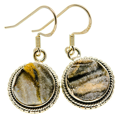 Round druzy stone earrings with rope bezel and gold-tone hooks, yellow and gray speckled stones