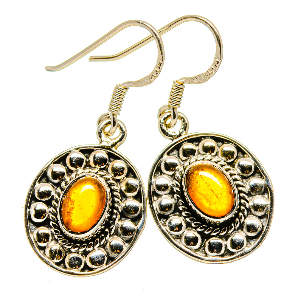 Round silver-tone carnelian drop earrings with ornate border and hook backs