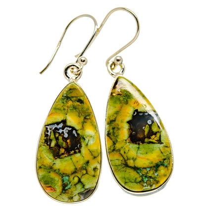 Sterling silver teardrop earrings with green opal-style stone and lever-back hooks