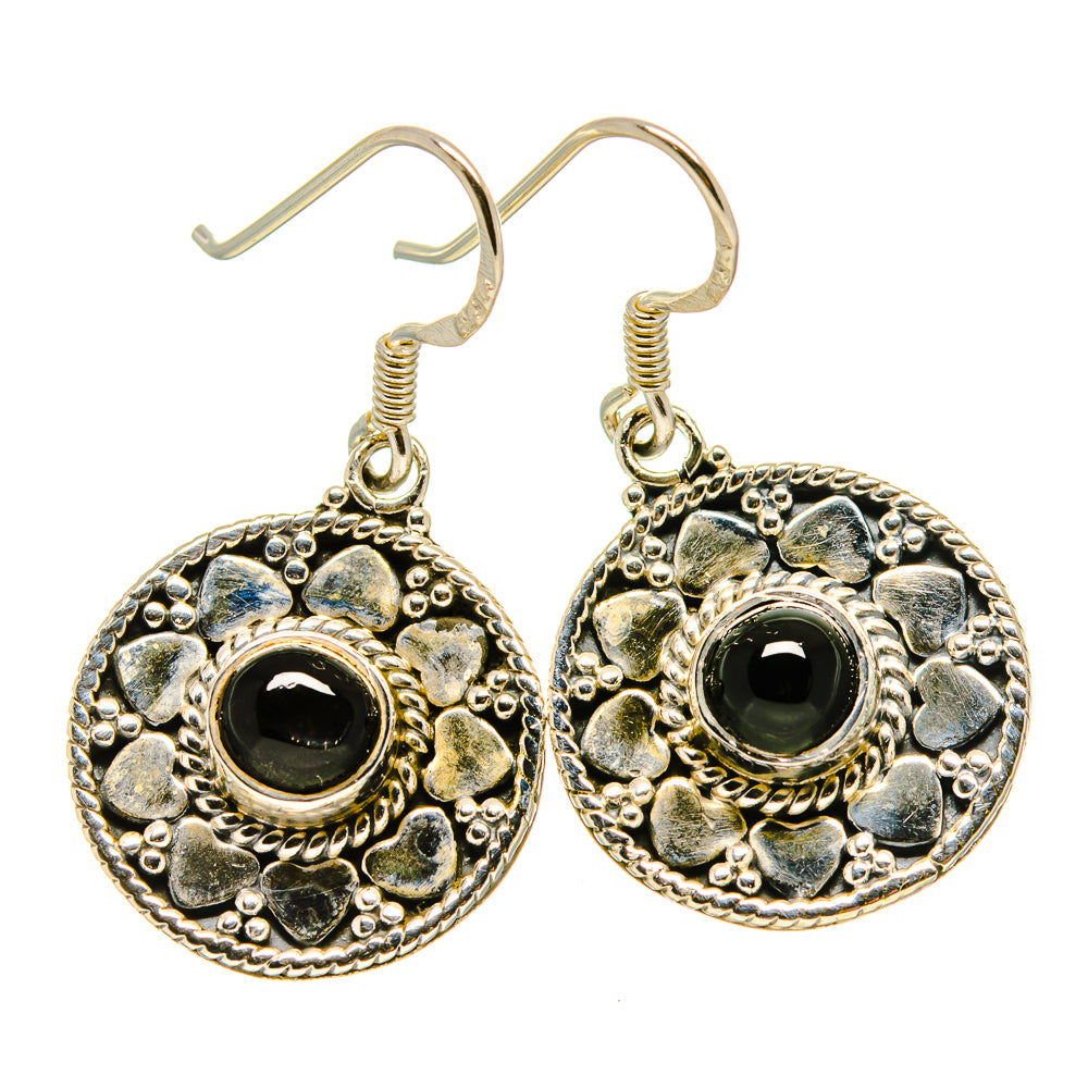Sterling silver onyx drop earrings, round ornate filigree with black gemstone centers