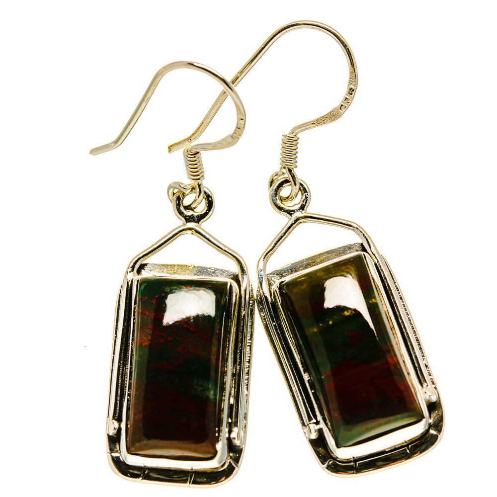 Gold-tone drop earrings with rectangular bloodstone cabochons in bezel settings