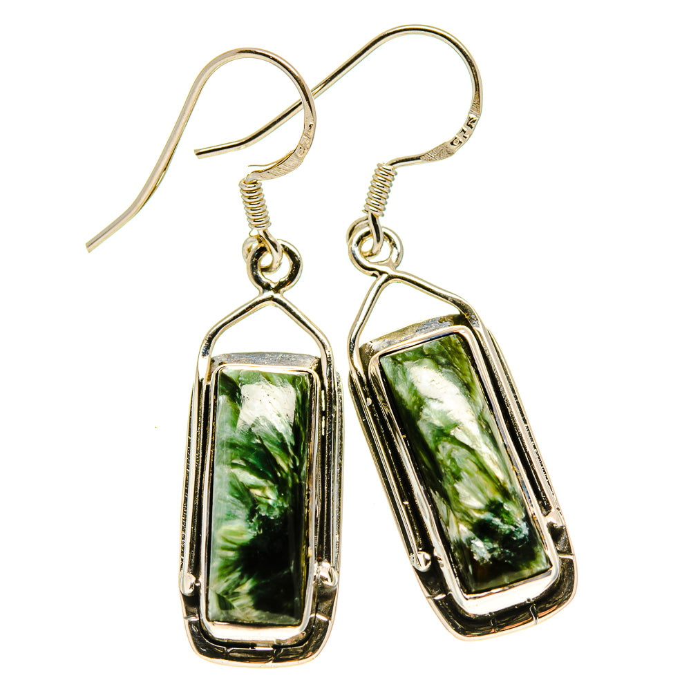 Seraphinite drop earrings in 925 sterling silver, rectangular green stones
