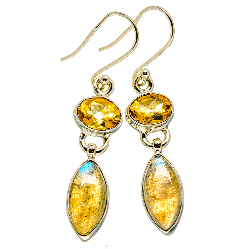 Sterling silver drop earrings with round citrine stones and pear labradorite dangles