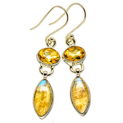 Sterling silver drop earrings with round citrine stones and pear labradorite dangles
