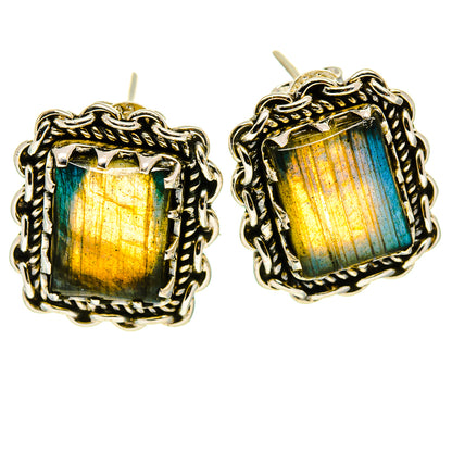 Labradorite cabochon stud earrings in ornate 925 sterling silver setting, square blue flash