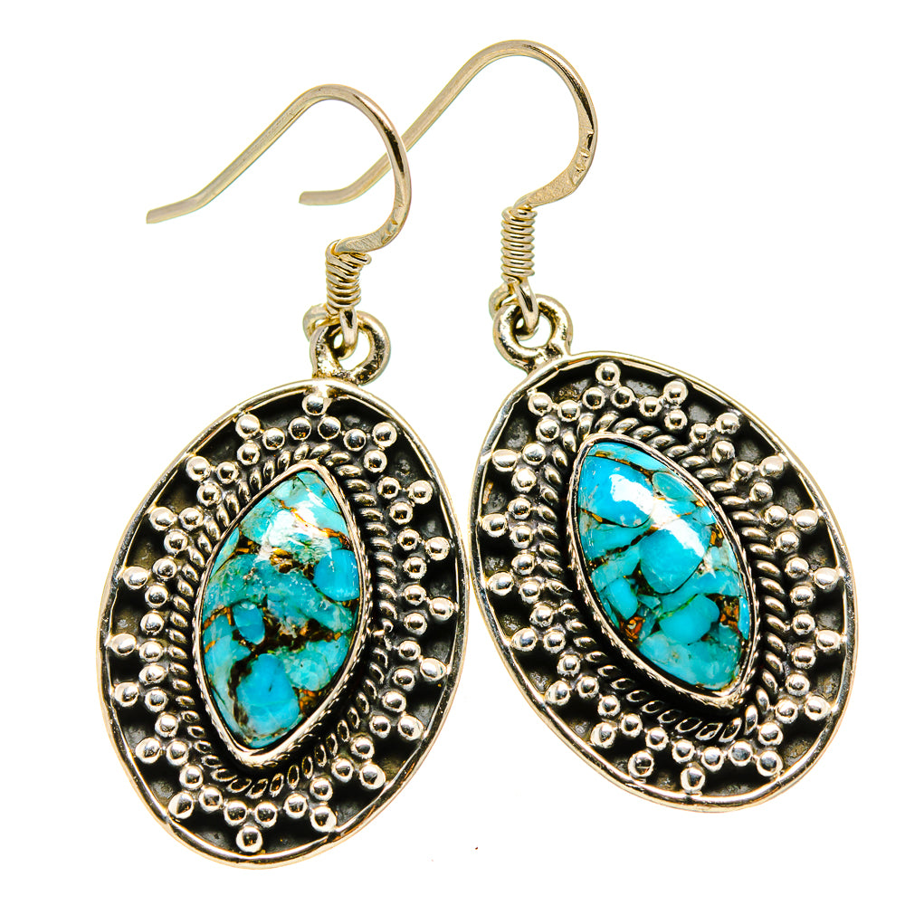 Turquoise cabochon oval drop earrings with scalloped silver-tone bezel and gold hooks