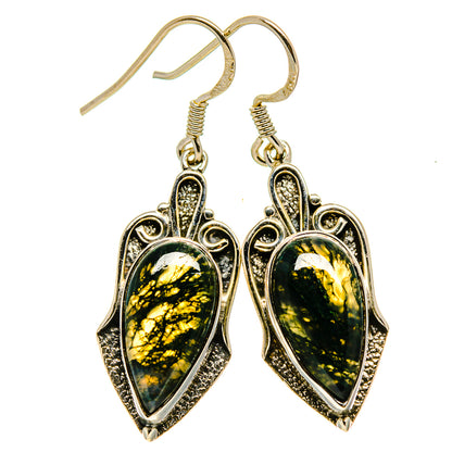 Pair of teardrop green moss agate earrings in antique silver with fishhook backs