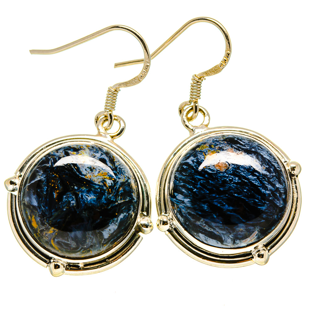 Round bezel pietersite drop earrings, dark blue stone with gold flecks, silver dangle hooks