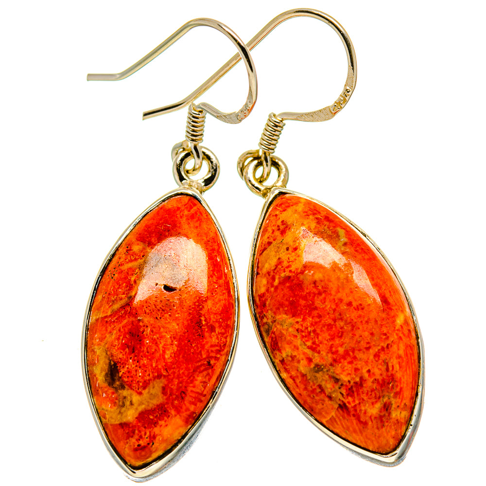 Sponge coral earrings with teardrop oval orange-red stones and gold-tone hooks, silver trim