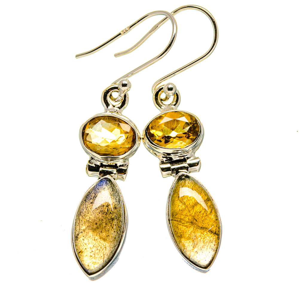 Silver drop earrings with round citrine tops and oval labradorite drops on hook closures