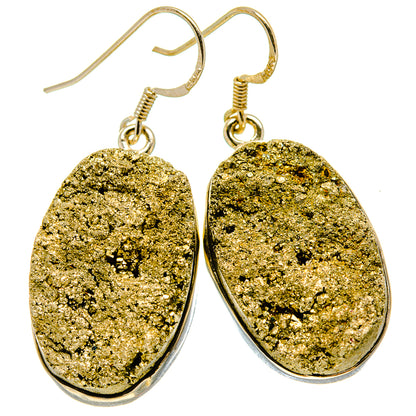 Rough pyrite earrings with oval gold glitter stones and 925 silver French hooks