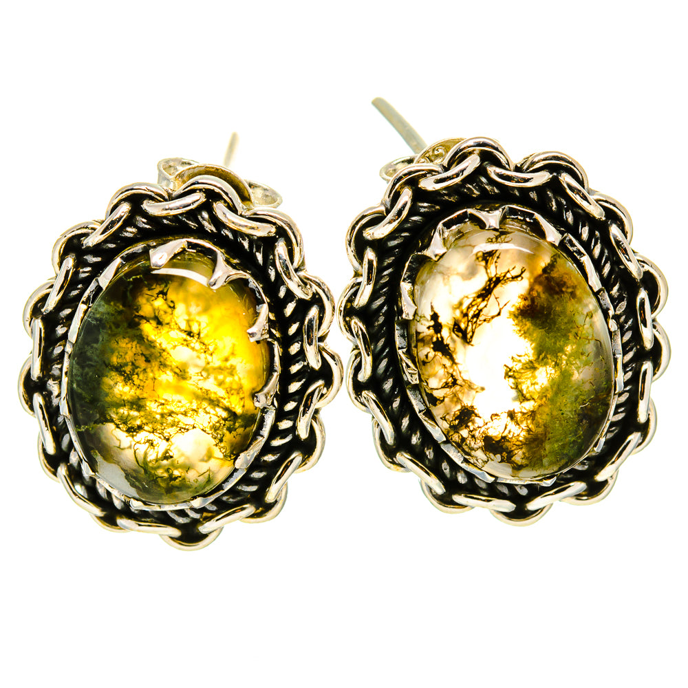 Oval green moss agate earrings with ornate silver-tone chain bezel, stud backs
