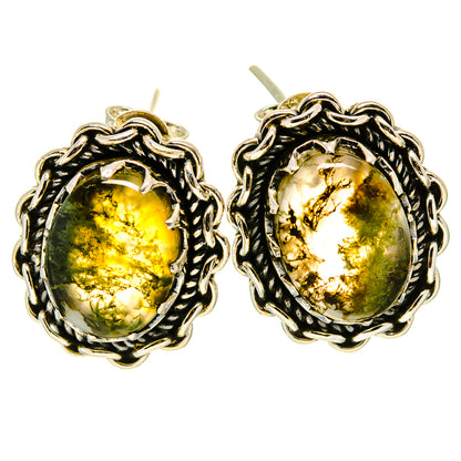 Oval green moss agate earrings with ornate silver-tone chain bezel, stud backs