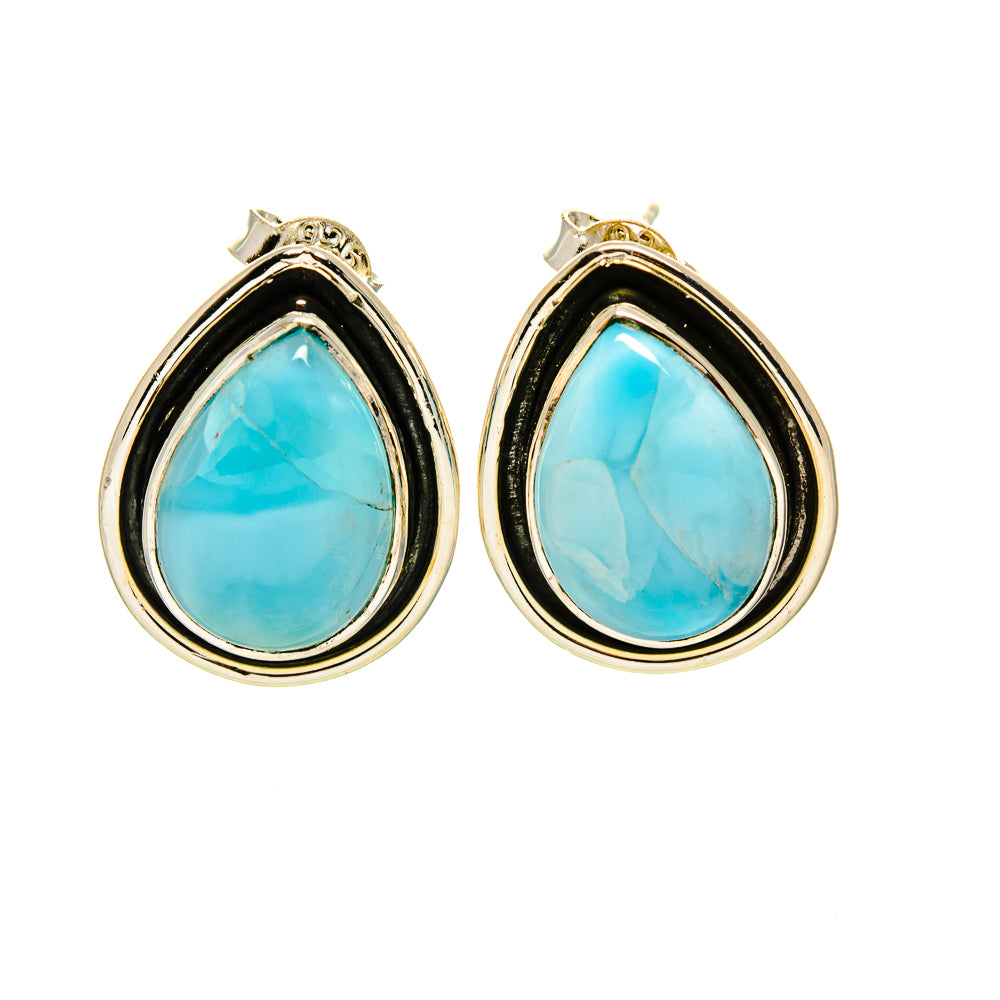 Teardrop gemstone earrings with blue larimar cabochons in dark-and-silver bezels