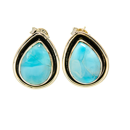 Teardrop gemstone earrings with blue larimar cabochons in dark-and-silver bezels