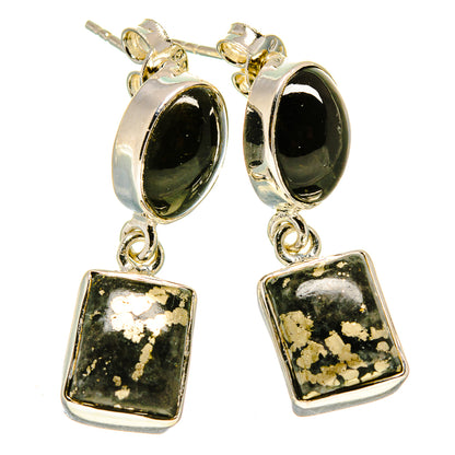 Black onyx oval earrings with square black dangles and gold pyrite specks, silver