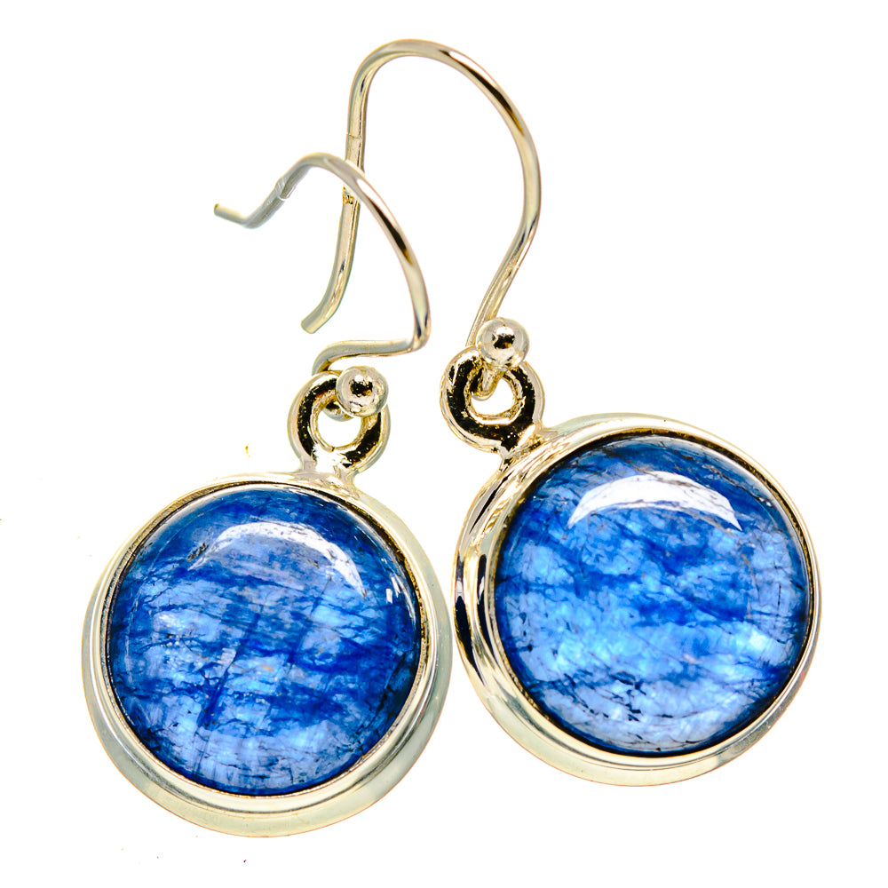 Round blue kyanite earrings in silver with dangling lever hooks