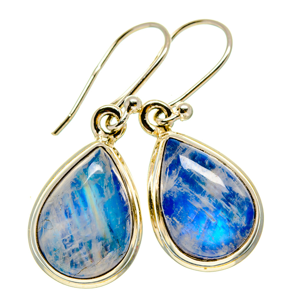Teardrop moonstone drop earrings with blue iridescent stones and yellow hooks