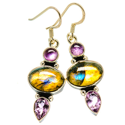 Drop earrings with labradorite oval stones and amethyst teardrop accents, silver-tone