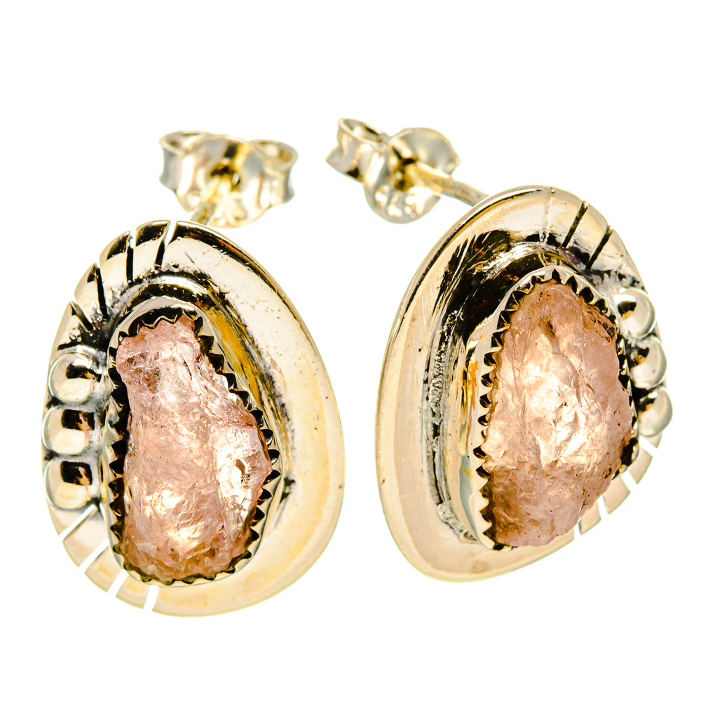 Rough rose quartz stud earrings with oval bezel and gold-tone beaded border