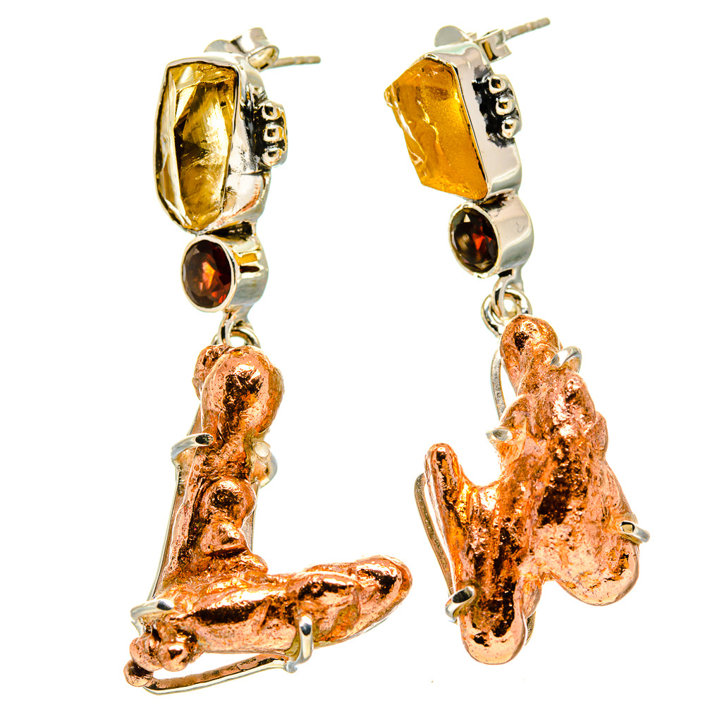 Pair of copper splash earrings with oval amber stones and round red accents, 925 silver