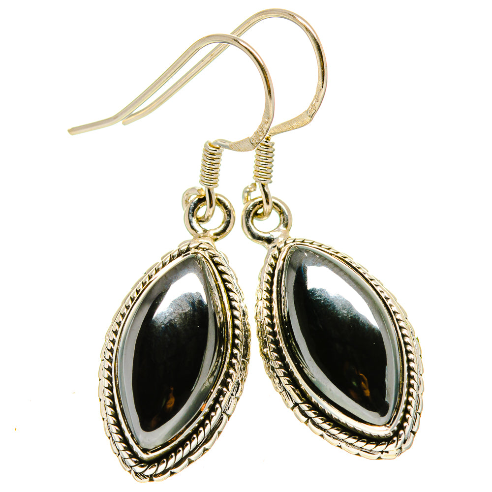 Hematite drop earrings in oval silver settings with lever hooks