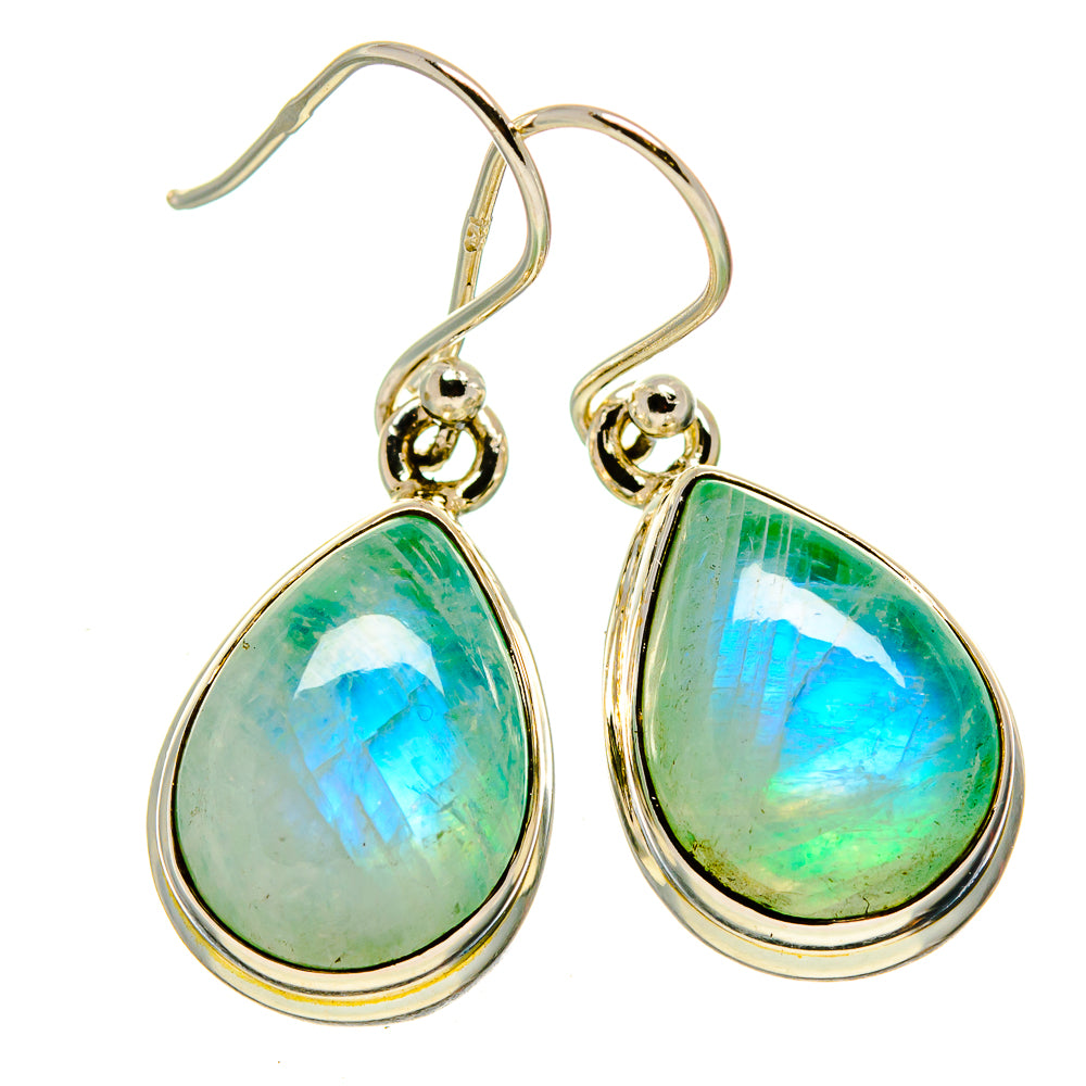 Teardrop moonstone earrings with green-blue iridescent stones, gold-tone hooks