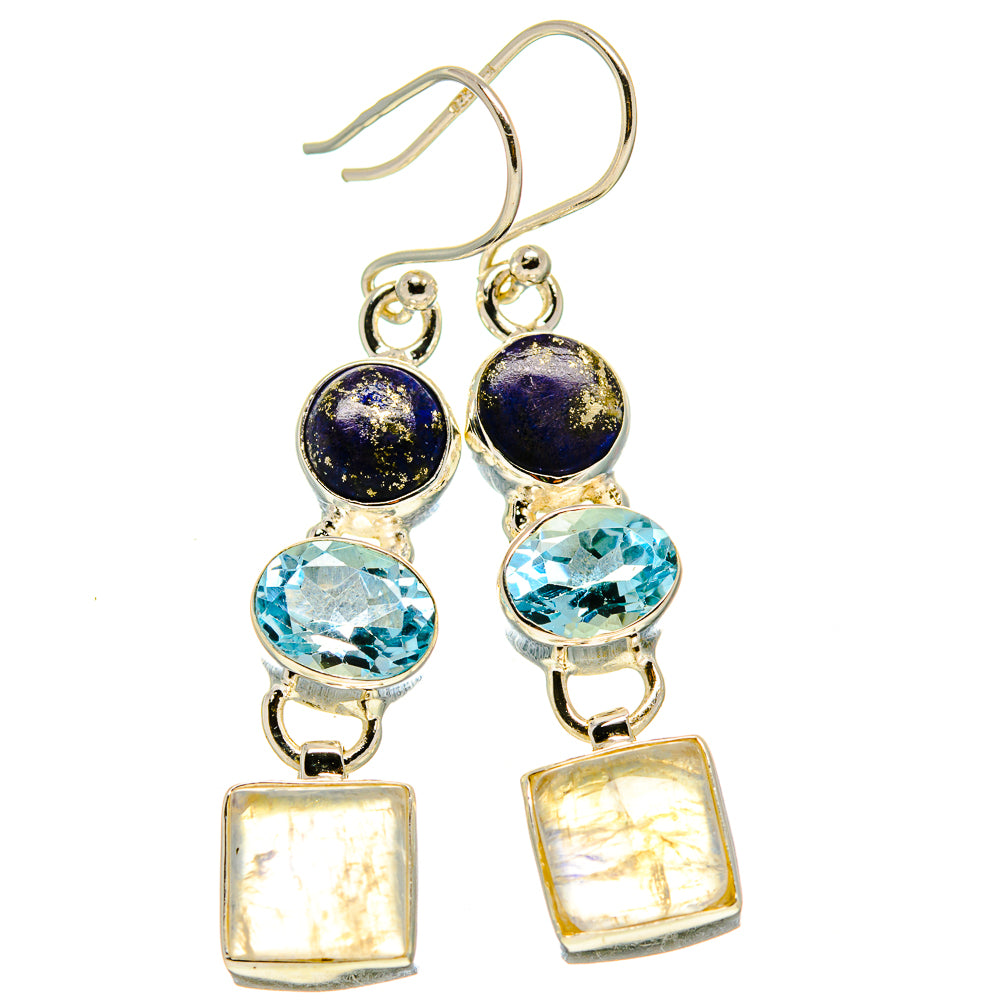 Sterling silver drop earrings with lapis round, blue topaz oval, and moonstone square pendants