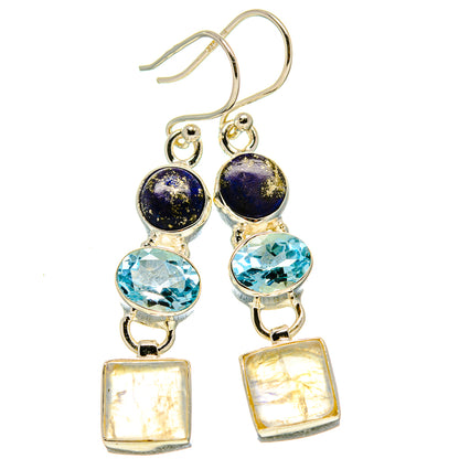 Sterling silver drop earrings with lapis round, blue topaz oval, and moonstone square pendants