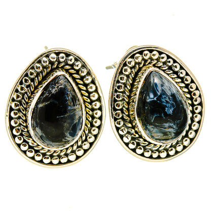 Teardrop pietersite earrings in 925 silver with beaded halo and scalloped border