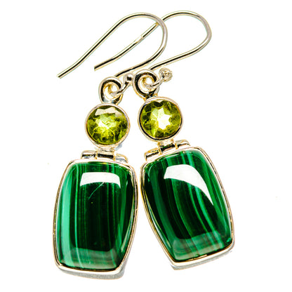 Green dangle earrings with round peridot-toned stones and malachite-style drops, silver hooks