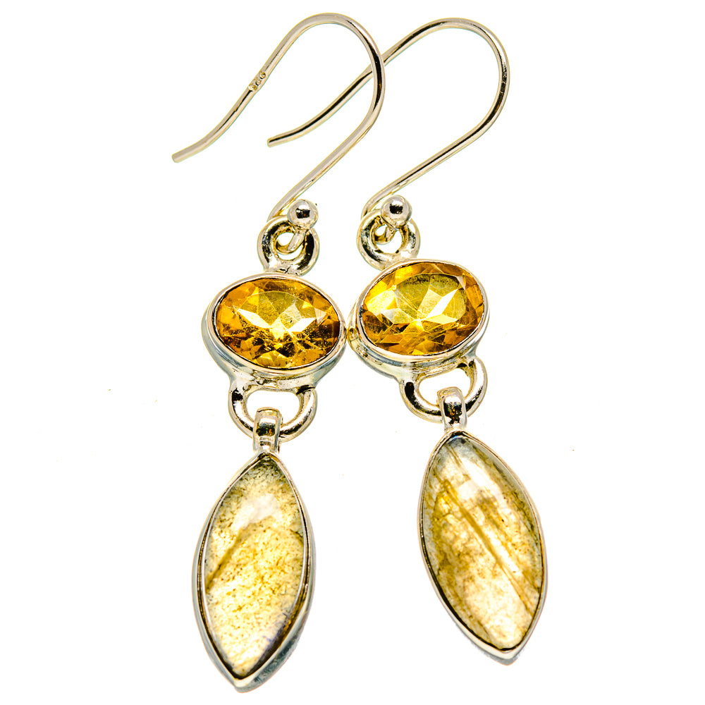 Silver drop earrings with round yellow citrine and two yellow marquise gemstone drops