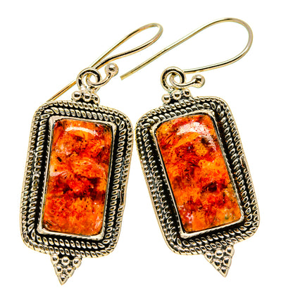 Sponge coral drop earrings, rectangular orange stones in silver filigree with hook backs