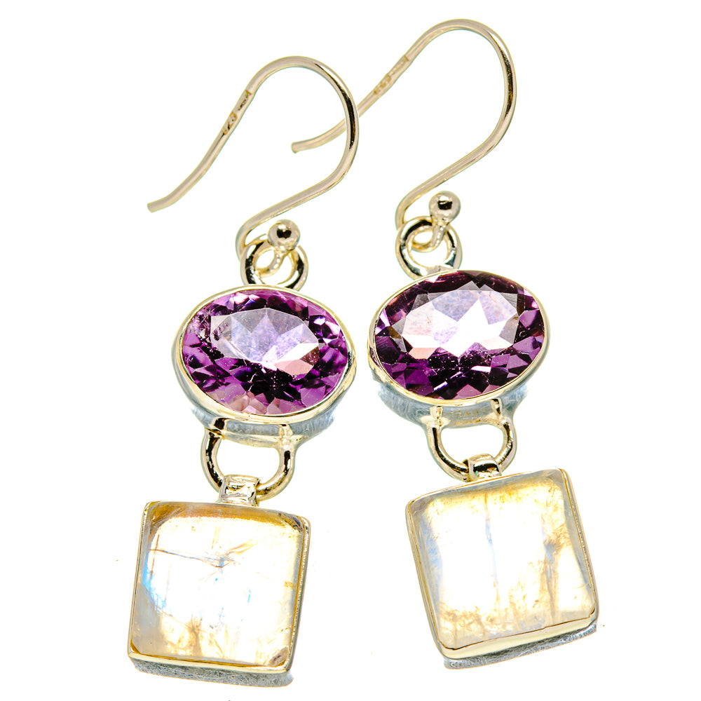 Sterling silver amethyst and opalescent moonstone drop earrings, purple oval tops and square dangles