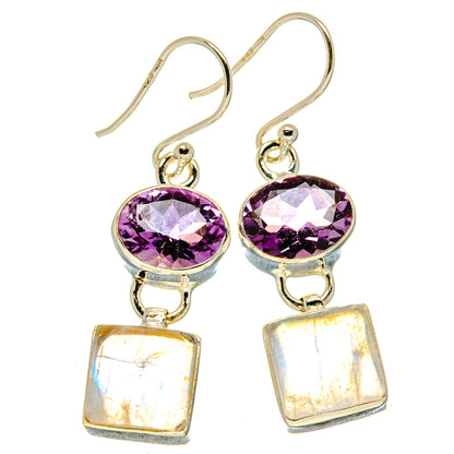 Sterling silver amethyst and opalescent moonstone drop earrings, purple oval tops and square dangles