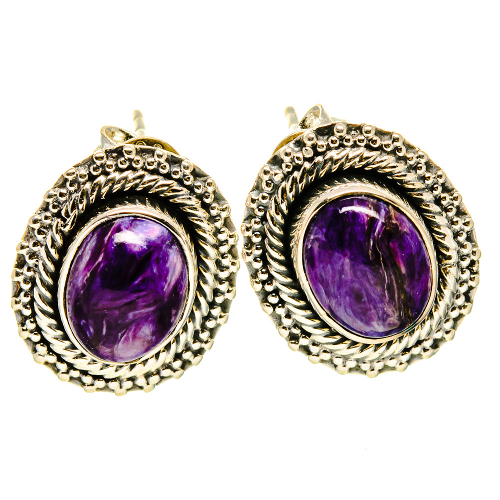 Sterling silver charoite earrings with round purple cabochon and ornate textured bezel