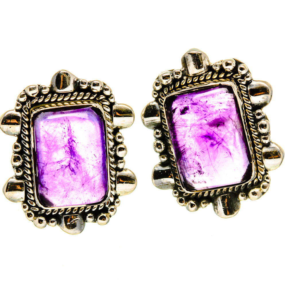 Square purple amethyst stud earrings with detailed silver-tone border and round posts