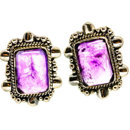 Square purple amethyst stud earrings with detailed silver-tone border and round posts