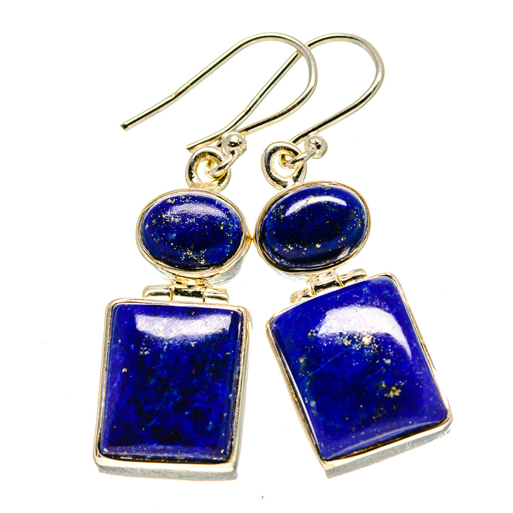 Lapis lazuli earrings in 925 silver: round blue top with square blue dangle