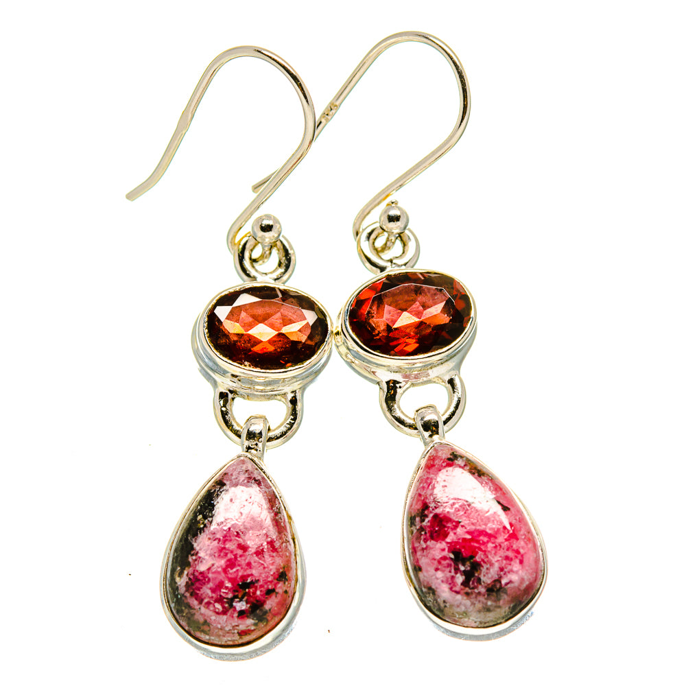 Sterling silver hook earrings with round red garnet tops and teardrop pink stones