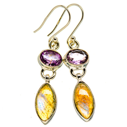 Sterling silver amethyst & labradorite drop earrings: purple oval top, yellow iridescent bottom
