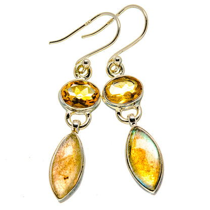 925 sterling silver citrine and labradorite drop earrings, round yellow tops and oval dangles
