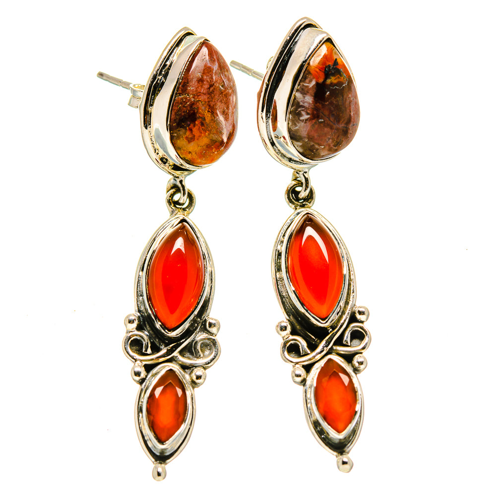 Jasper and red onyx teardrop earrings, 925 sterling silver-tone dangling cluster