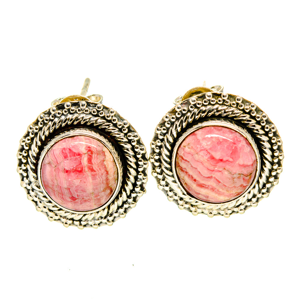 Rhodochrosite gemstone drop earrings, oval pink stone in ornate silver bezel